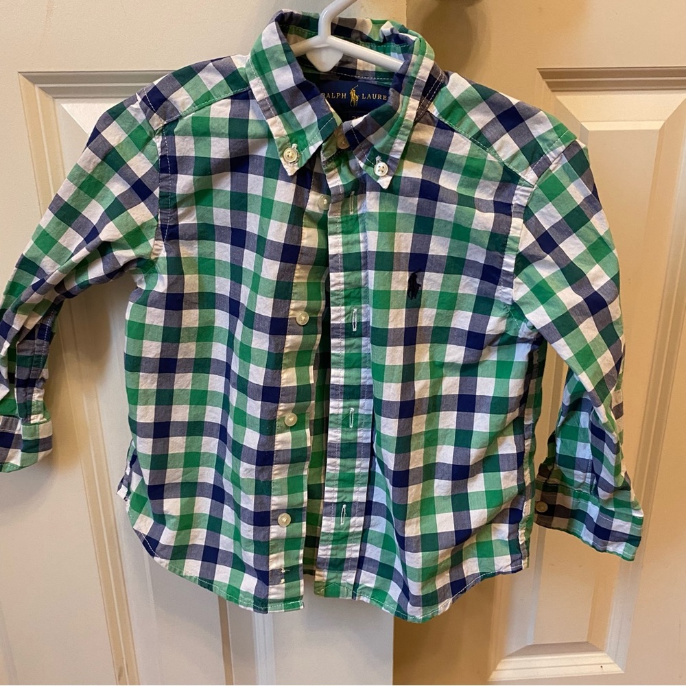 Ralph Lauren Little boys 2T button down shirt. Blue/green/ white check.